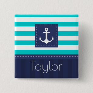 Nautical Aqua Navy Rand Personlig Namn Knapp