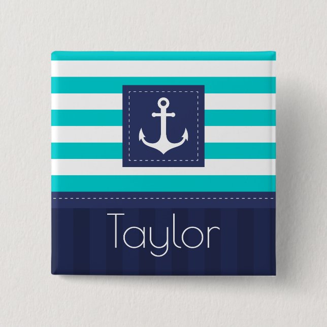 Nautical Aqua Navy Rand Personlig Namn Knapp (Framsida)