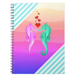 Nautical aqua/rosa/seahorses kissing hearts anteckningsbok
