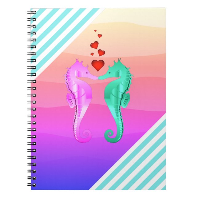 Nautical aqua/rosa/seahorses kissing hearts anteckningsbok (Framsidan)