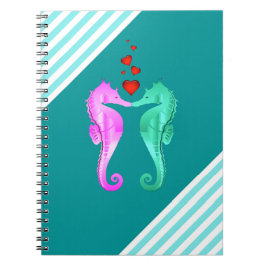 Nautical aqua/rosa/seahorses kissing hearts anteckningsbok