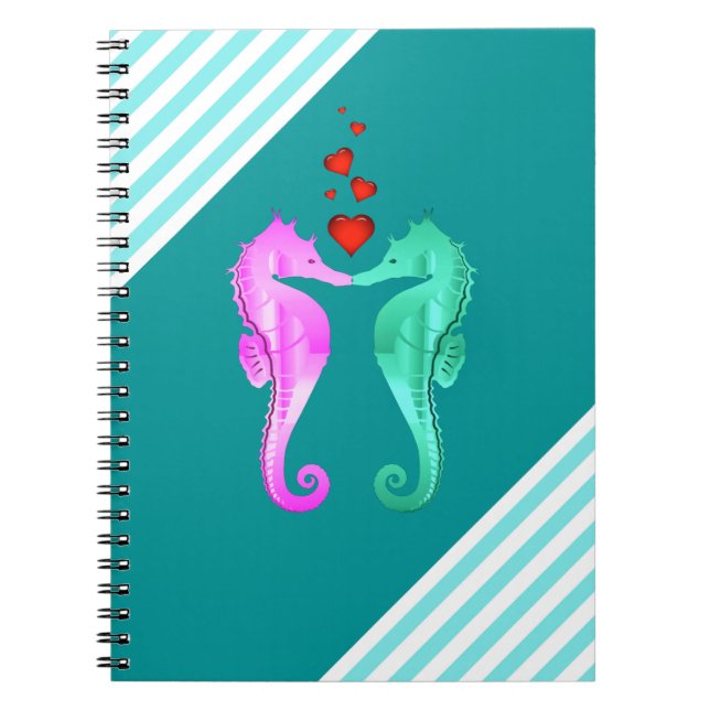 Nautical aqua/rosa/seahorses kissing hearts anteckningsbok (Framsidan)