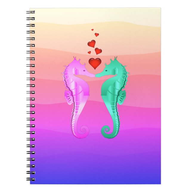 Nautical aqua/rosa/seahorses kissing hearts anteckningsbok (Framsidan)