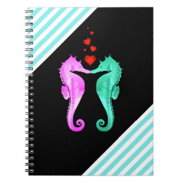 Nautical aqua/rosa/seahorses kissing hearts anteckningsbok