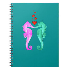 Nautical aqua/rosa/seahorses kissing hearts anteckningsbok