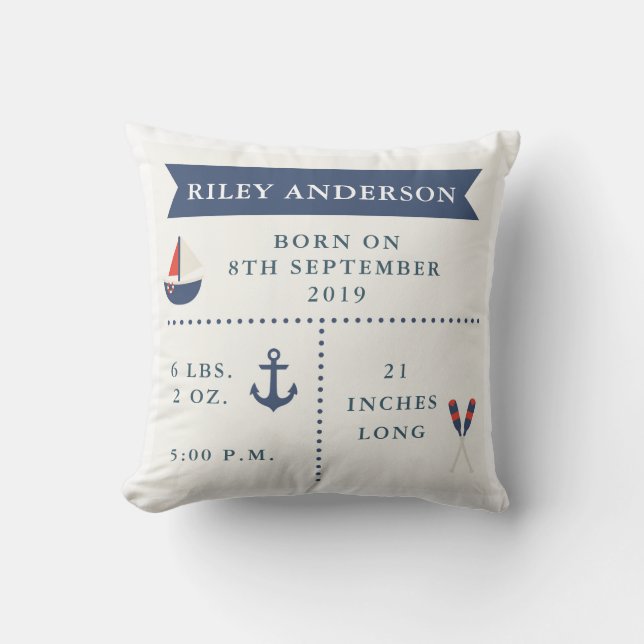 Nautical Baby Birth Announcement Pillow Kudde (Framsida)