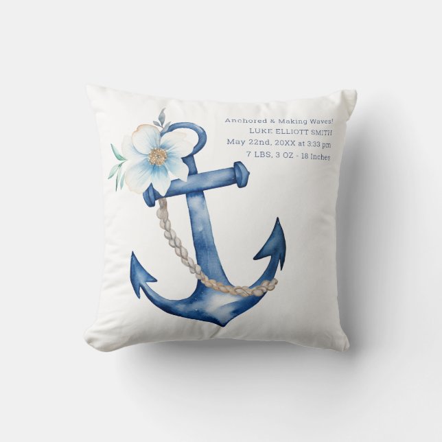 Nautical Baby Birth Stats Pillow | Blå vattenfärg Kudde (Framsida)