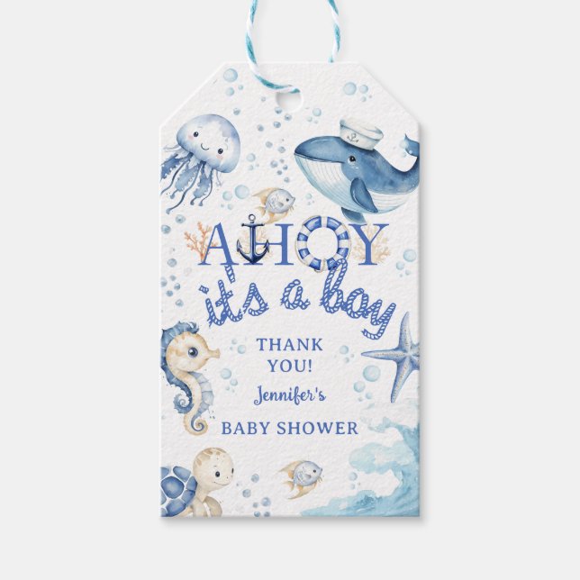 Nautical Baby Shower Ahoy Sjöman Navyblå  Presentetikett (Framsidan)