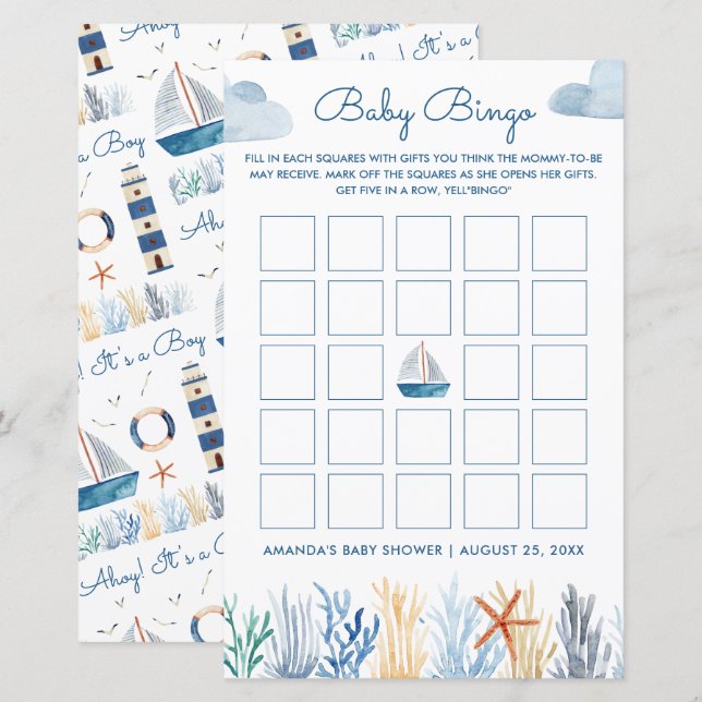 Nautical Baby Shower Baby Bingo Game (Fram/baksida)