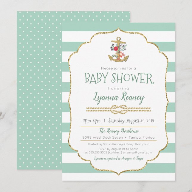Nautical Baby Shower Blommigt Anchor Mint-Grönt Inbjudningar (Fram/baksida)