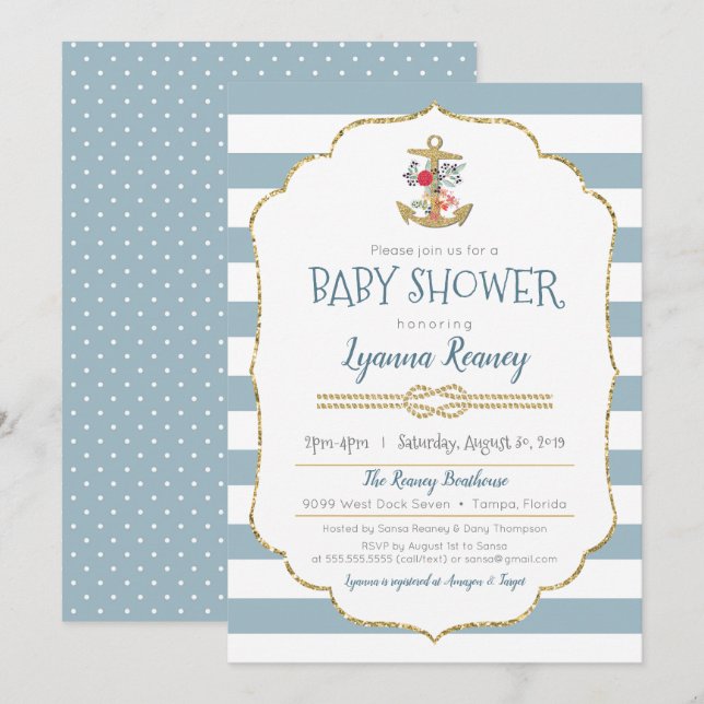 Nautical Baby Shower Blommigt Anchor Navy Blue Inbjudningar (Fram/baksida)