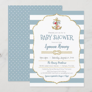 Nautical Baby Shower Blommigt Anchor Navy Blue Inbjudningar