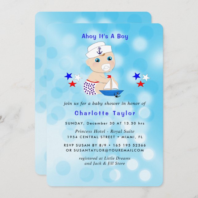 Nautical Baby Shower Boy Sailor Cute Blue Inbjudningar (Fram/baksida)