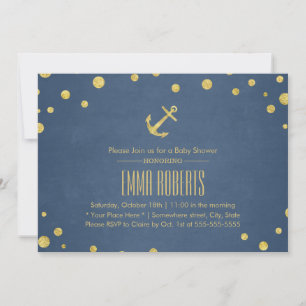 Nautical Baby Shower för flottans blå Guld-ankare Inbjudningar