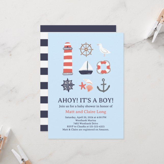 Nautical Baby Shower-inbjudan Ahoy Det är en pojke Inbjudningar (Fram/Back In Situ)