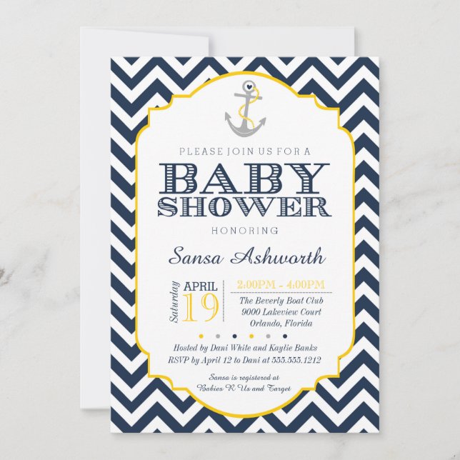 Nautical Baby Shower-inbjudan, Chevron-gult Inbjudningar (Framsida)