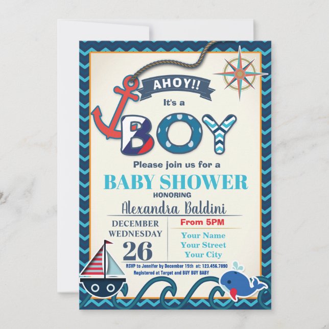 Nautical Baby Shower-inbjudan för en pojke Inbjudningar (Framsida)