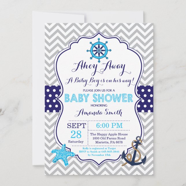 Nautical Baby Shower-inbjudan, marinblått Grått Inbjudningar (Framsida)