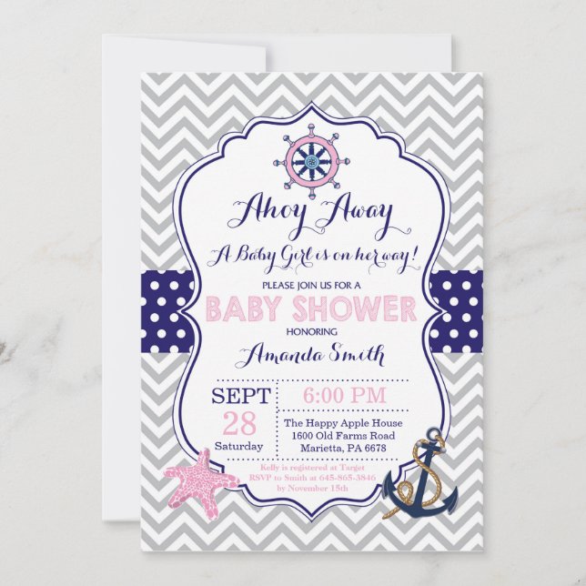 Nautical Baby Shower-inbjudan, marinens Rosa Grått Inbjudningar (Framsida)