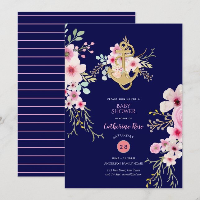 Nautical Baby Shower Inbjudan Navy Blue Rosa Flora (Fram/baksida)