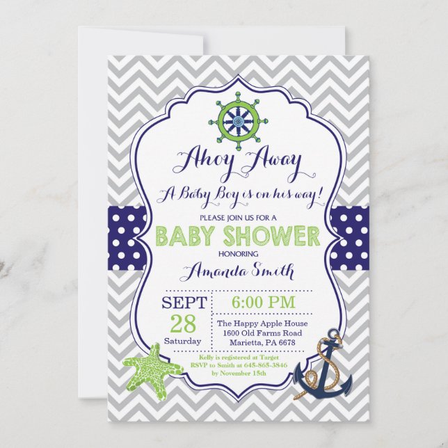 Nautical Baby Shower Inbjudan Navy Grönt Grått (Framsida)