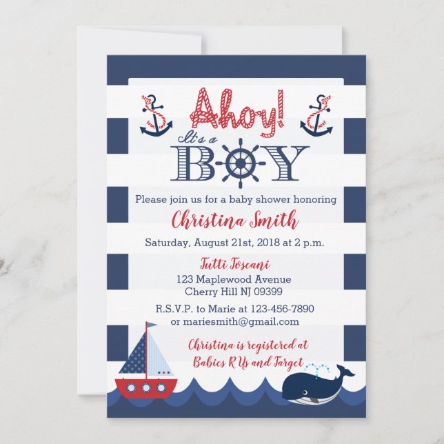 Nautical Baby Shower-inbjudningar Boy Inbjudningar (Framsida)