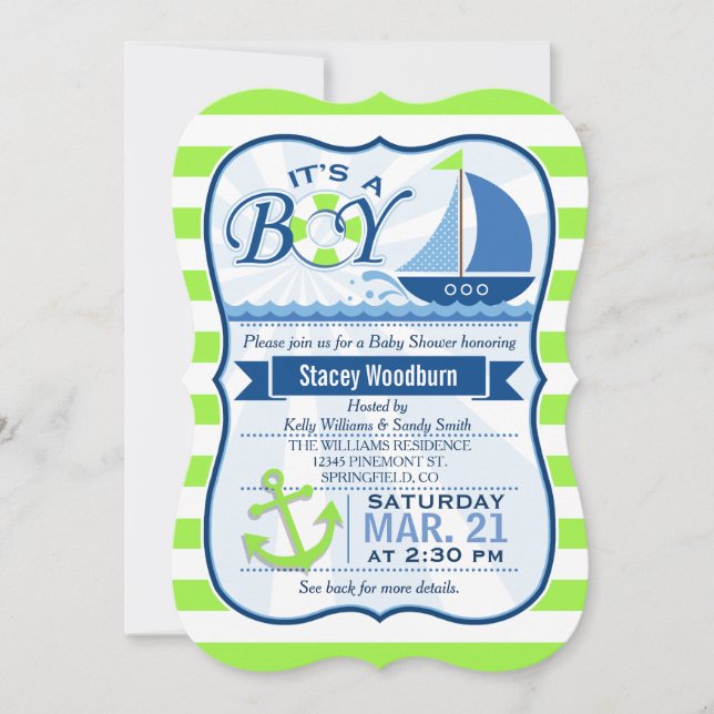 Nautical Baby Shower, limgrön och blå Inbjudningar (Framsida)