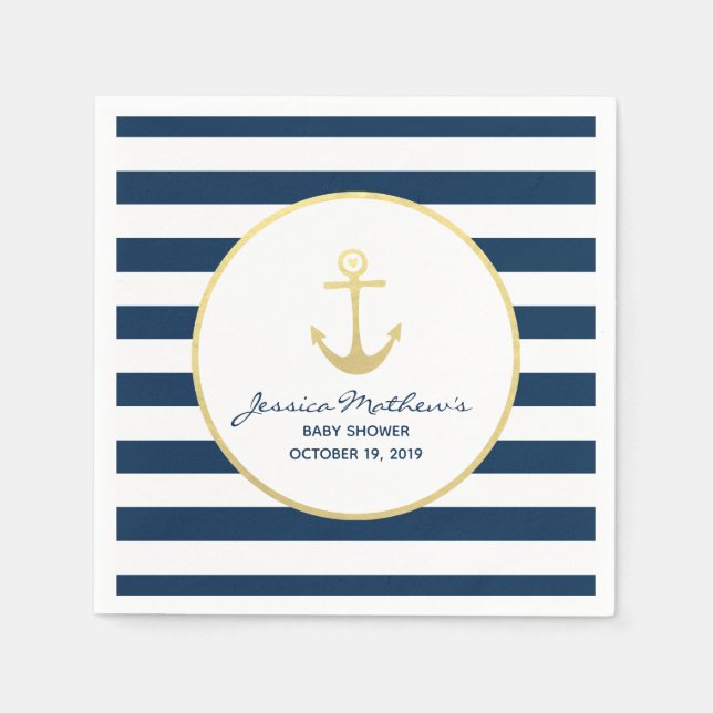 Nautical Baby Shower Navy Guld Anchor Pappersservett (Framsidan)