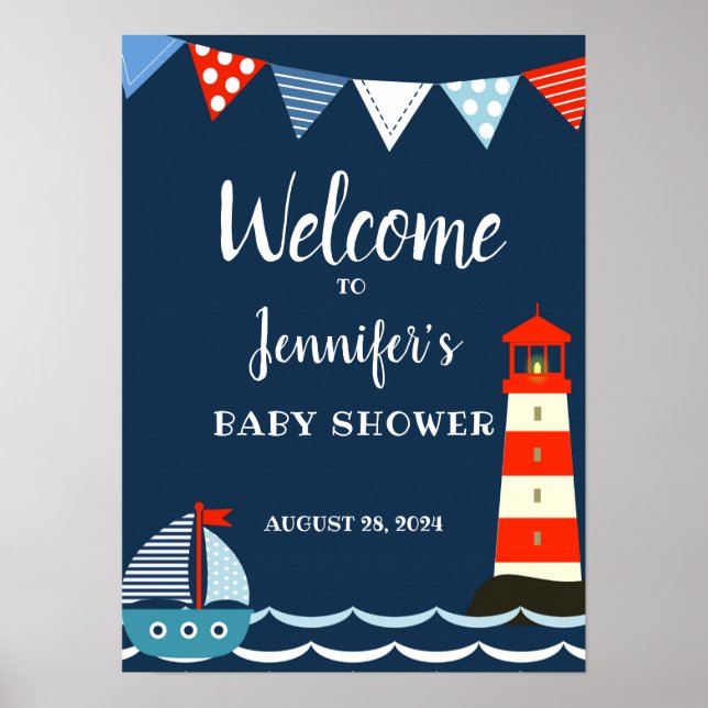 Nautical Baby Shower Poster, Välkomstskylt, Party Poster (Framsidan)