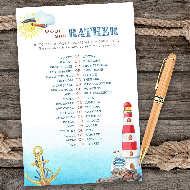 Nautical Baby Shower, skulle hon hellre spela (Would she rather game card from my Ahoy it's a boy Nautical Baby Shower collection)