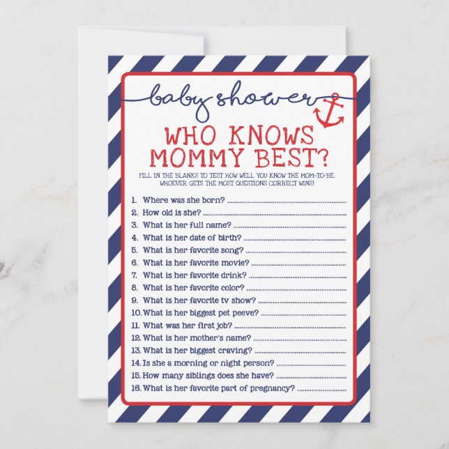 Nautical Baby Shower-spel som känner Mamma bäst Inbjudningar (Framsida)