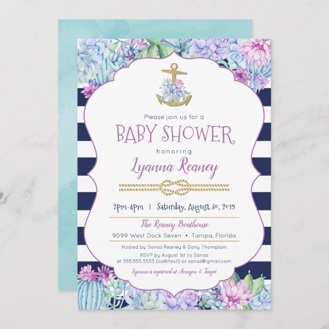 Nautical Baby Shower Succulents Navy Blue Lavender Inbjudningar (Fram/baksida)
