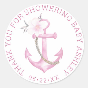 Nautical Baby Shower Tack-etikett   Rosa Flor Runt Klistermärke