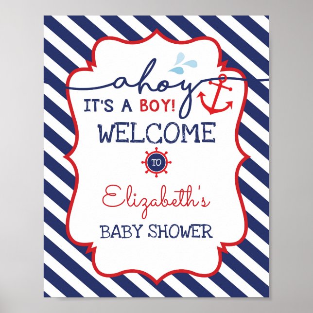 Nautical Baby Shower Välkomstskyltsnr Röd dekan fö Poster (Framsidan)