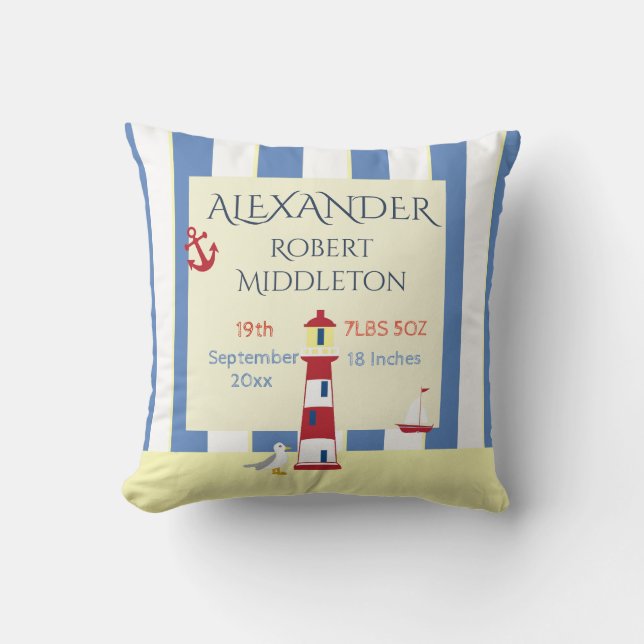 Nautical Baby Stats Boy Blue Rand Kudde (Framsida)