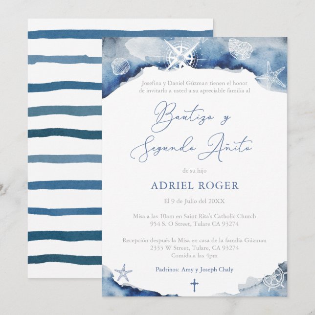 Nautical Baptism 2nd Birthday Party på spanska Inbjudningar (Fram/baksida)