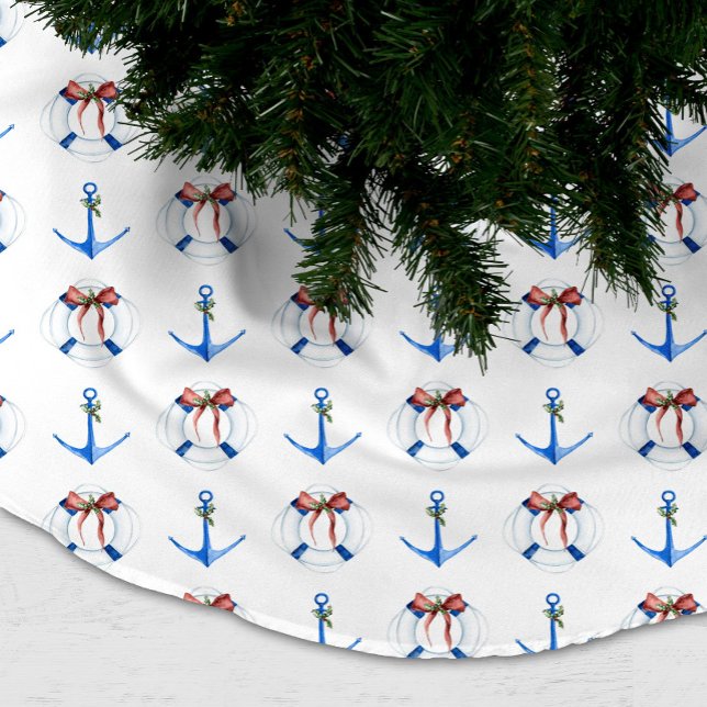 Nautical båtanker och livring jul  julgransmatta borstad polyester (Sail Away Nautical Christmas Tree Skirt)