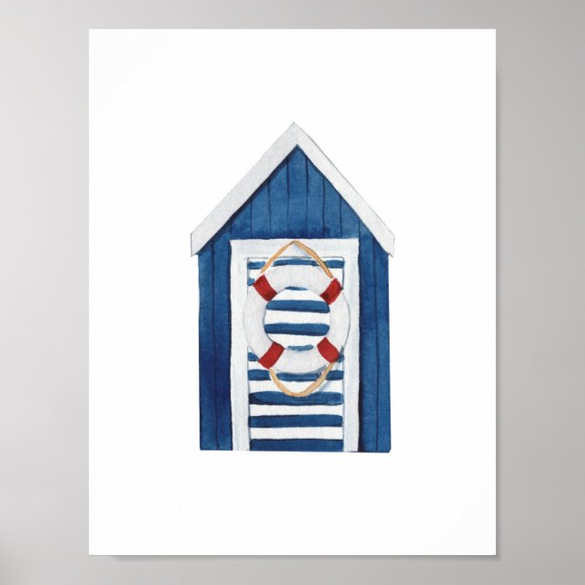 Nautical Beach Blue Beach Hut Holiday Nursery Poster (Framsidan)