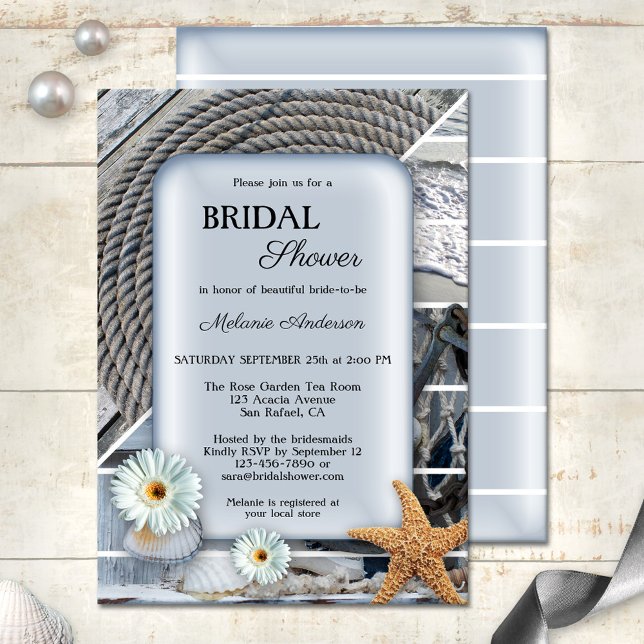 Nautical Beach Boho Blue Inbjudningskort för möhip (Dusty blue bridal shower invitation showing a nautical design with ropes, starfish and shells)
