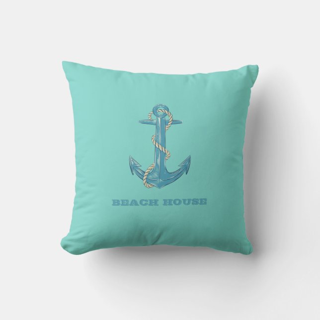 Nautical Beach House,Anchor,Rope,Mint-Grönt Kudde (Framsida)