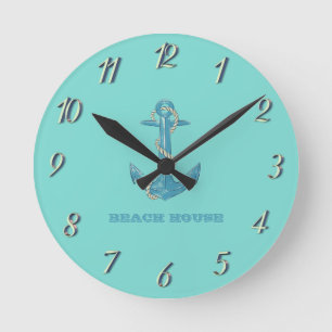 Nautical Beach House,Anchor,Rope,Mint-Grönt Rund Klocka