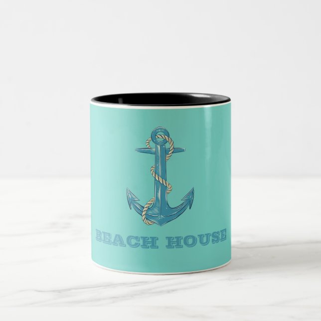 Nautical Beach House,Anchor,Rope,Mint-Grönt Två-Tonad Mugg (Center)