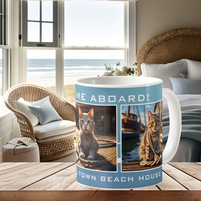 Nautical Beach House Cat Photo Kaffemugg (Nautical cat photo mug in elegant blue and white with a wave and sparkle design - beach house)