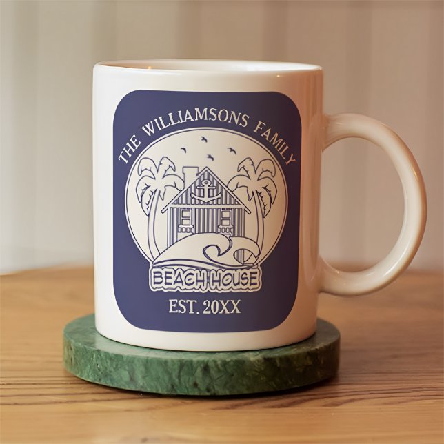 Nautical Beach House Family Namn Blue and White Kaffemugg (Skapare uppladdad)