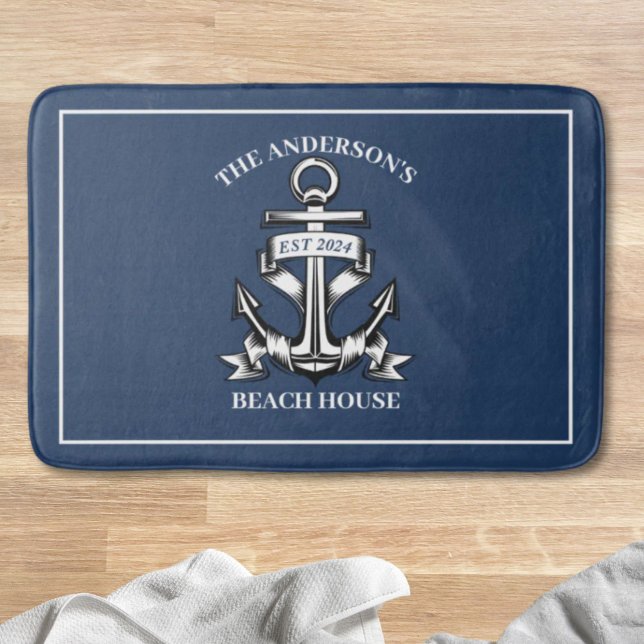Nautical Beach House Family Namn Est Frakt Anchor Badrumsmatta (Nautical Beach House Family Name Est Ship Anchor Bath Mat)