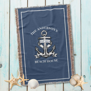 Nautical Beach House Family Namn Est Frakt Anchor Filt