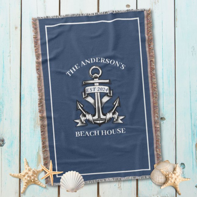 Nautical Beach House Family Namn Est Frakt Anchor Filt (Nautical Beach House Family Name Est Ship Anchor Throw Blanket)