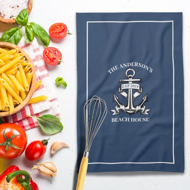 Nautical Beach House Family Namn Est Frakt Anchor Kökshandduk (Nautical Beach House Family Name Est Ship Anchor Kitchen Towel)