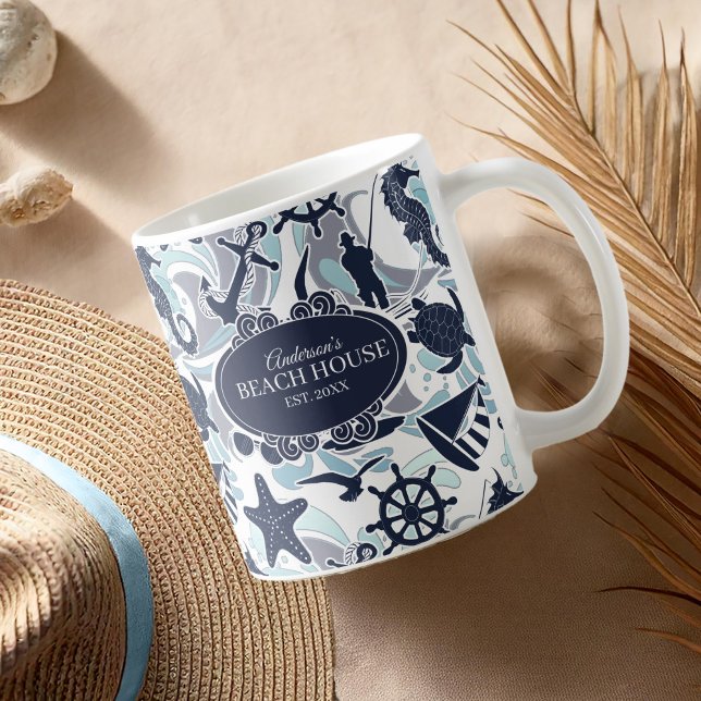 Nautical Beach Mönster Navy ID839 Kaffemugg (Skapare uppladdad)