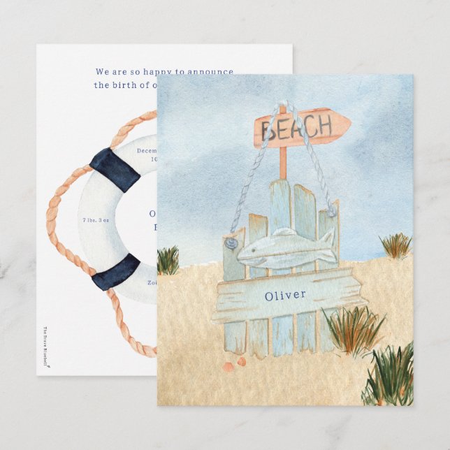 Nautical Beach Ocean Lifebuoy Birth Announcement Anteckningskort (Fram/baksida)